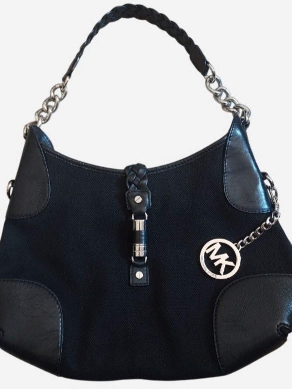 Michael Kors Black Braided-Handle Shoulder Hobo with Logo Charm